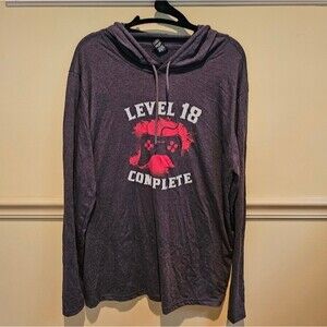Anvil Lightweight Long Sleeve Hooded T-Shirt Grey says "Level 18 Complete" Large